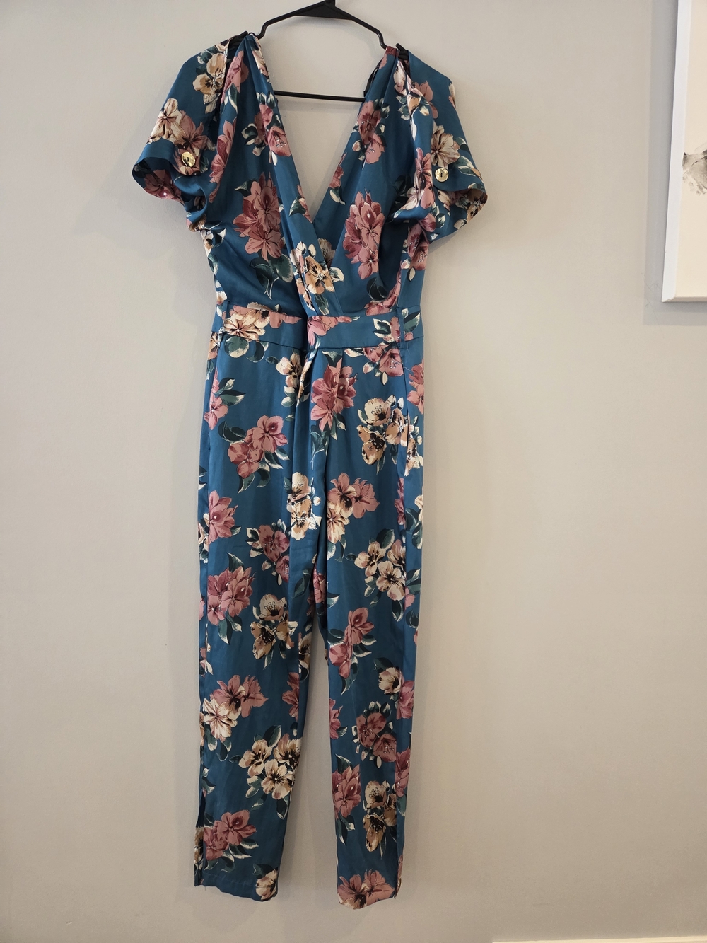 Zara Teal Floral Wrap Jumpsuit with Pink & Cream Flowers